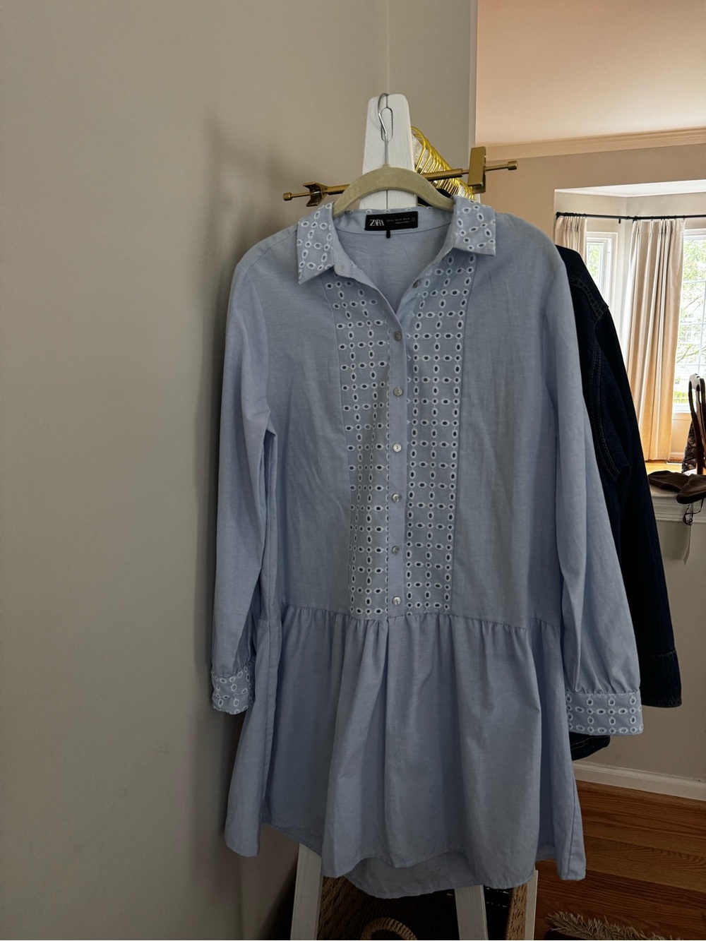 Zara Pale Blue Eyelet-Front Long Sleeve Shirt Dress